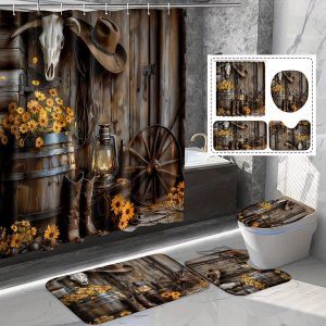1/4pcs Western Country Farm Boots Shower Curtain Set, Flower Pattern, Non-Slip Bath Mat Carpet, Special-Shaped Mat Toilet Cover, Waterproof Shower Curtain, 71X71 Inches, with 12 Hooks, Bathroom Home Decoration