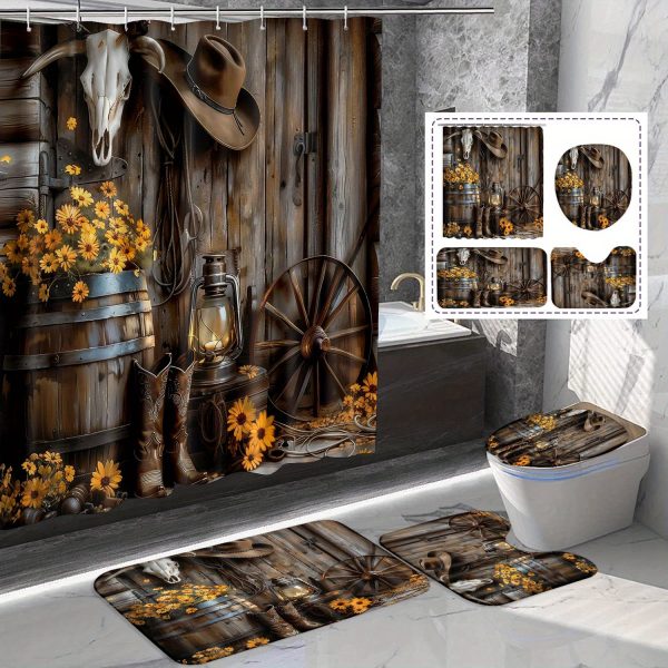 1/4pcs Western Country Farm Boots Shower Curtain Set, Flower Pattern, Non-Slip Bath Mat Carpet, Special-Shaped Mat Toilet Cover, Waterproof Shower Curtain, 71X71 Inches, with 12 Hooks, Bathroom Home Decoration