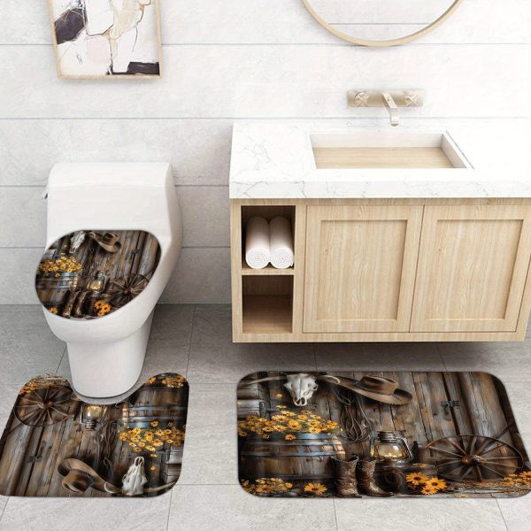 1/4pcs Western Country Farm Boots Shower Curtain Set, Flower Pattern, Non-Slip Bath Mat Carpet, Special-Shaped Mat Toilet Cover, Waterproof Shower Curtain, 71X71 Inches, with 12 Hooks, Bathroom Home Decoration - Image 5