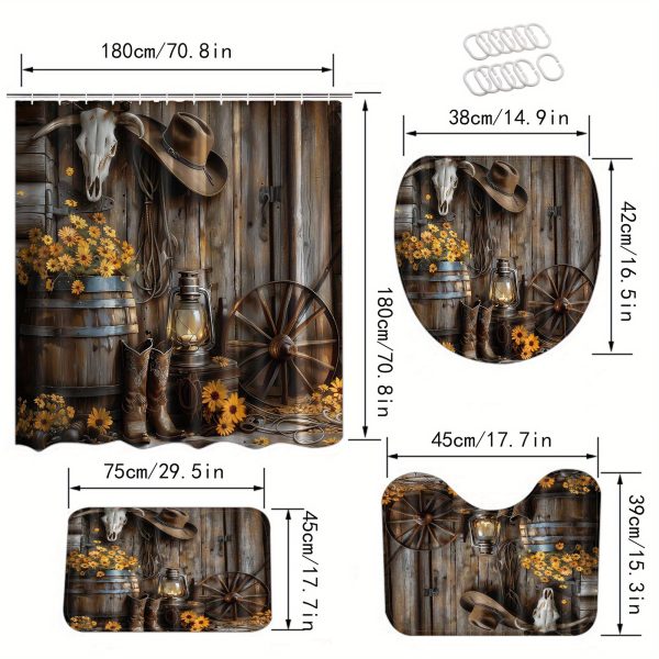 1/4pcs Western Country Farm Boots Shower Curtain Set, Flower Pattern, Non-Slip Bath Mat Carpet, Special-Shaped Mat Toilet Cover, Waterproof Shower Curtain, 71X71 Inches, with 12 Hooks, Bathroom Home Decoration - Image 4