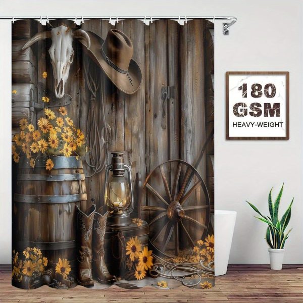 1/4pcs Western Country Farm Boots Shower Curtain Set, Flower Pattern, Non-Slip Bath Mat Carpet, Special-Shaped Mat Toilet Cover, Waterproof Shower Curtain, 71X71 Inches, with 12 Hooks, Bathroom Home Decoration - Image 6
