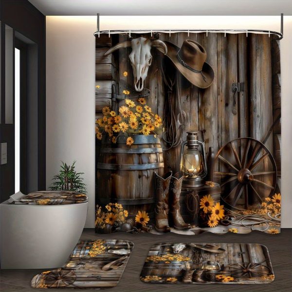 1/4pcs Western Country Farm Boots Shower Curtain Set, Flower Pattern, Non-Slip Bath Mat Carpet, Special-Shaped Mat Toilet Cover, Waterproof Shower Curtain, 71X71 Inches, with 12 Hooks, Bathroom Home Decoration - Image 2