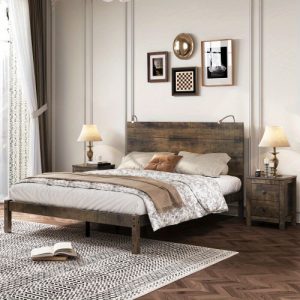 Bedroom set, full-size/queen sized farmhouse platform bed, equipped with two bedside lamps and 2 drawer bedside tables