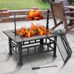 37inch Fire Pits Table for Outside with Grill Outdoor Metal Firepit Square Backyard Patio Garden Stove Wood Burning BBQ Fire Pit with Spark Screen, Log Grate, Wood Fire Poker