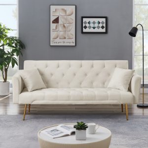 Elegant 71.65'' Foldable Velvet Sofa Bed with Metal Leg Straps, 2 Square Pillows, Line Design, Space-Saving, 5 Colors to Choose from, 1pc