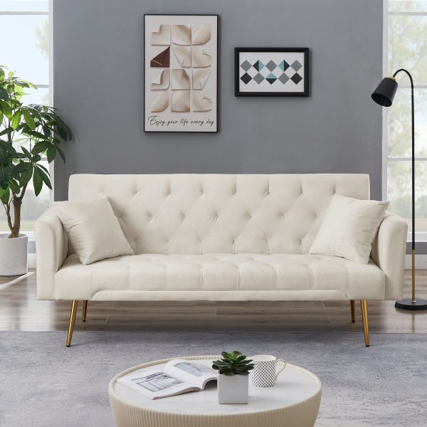Elegant 71.65'' Foldable Velvet Sofa Bed with Metal Leg Straps, 2 Square Pillows, Line Design, Space-Saving, 5 Colors to Choose from, 1pc