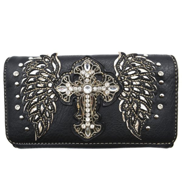 Western Chic Rhinestone Cross & Laser-Cut Wings Embossed Faux Leather Tote with Matching Wallet - Fashionable Shoulder Bag Set for Women - Image 13
