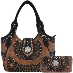 Brown Western Style Cowgirl Country Conceal Carry Crossbody Handbags Women Shoulder Bags Wallet Set Berry Conchos Purses