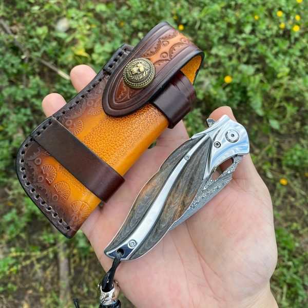 1 Piece, Damascus Steel Folding Pocket Knife, Premium Quality High Hardness Knife With Leather Sheath, Stabilized Cured Wood Handle, EDC Camping And Fishing Knife, Great For Adventure, Outdoor Hiking Tools, Men's Folding Knife Gift, Fruit Knife - Image 10