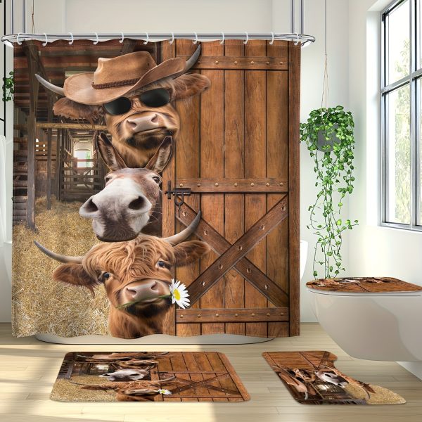 1PC/4PCS - Fun Highland Cow Shower Curtain Set, Waterproof Shower Curtain With 12 Plastic Hooks, Non-slip Floor Mat, Toilet U-Shaped Mat, Cover Mat, Farmhouse Barn Door Western Bull Donkey Brown Wood Board Animal Country Bathroom Decor Accessories - Image 2