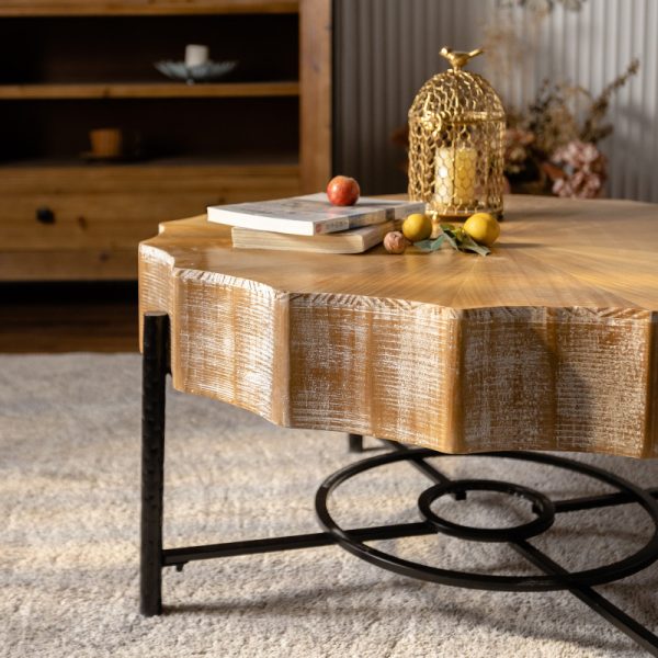 Vintage 31.5" Cedar Coffee Table Set with Natural Pine Grain Top and Dimpled Metal Cross Legs, Black - Set of 2 - Image 6