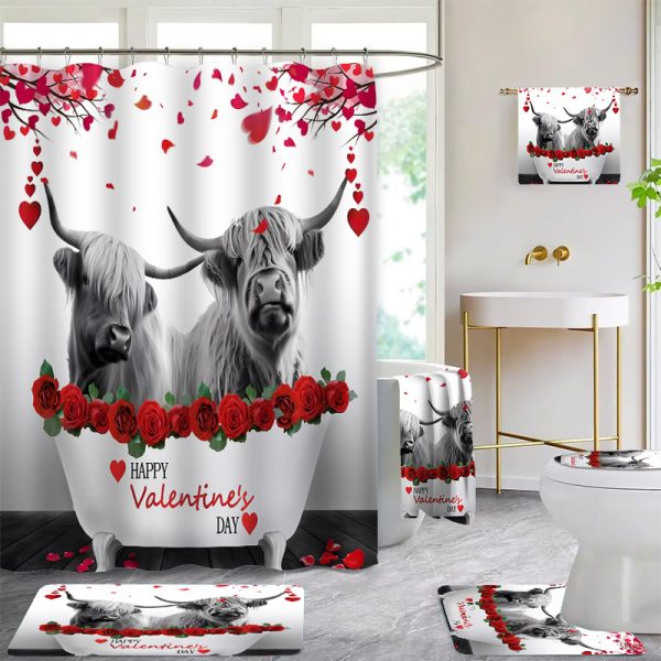 Valentine'S Day Highland Cow Bathroom Set with Hooks, Water-Resistant Polyester Decor, Non-Slip Mats, Toilet Cover, Ultra-Soft Towels, Hand Washcloths, Fashion Animal Love Theme Bath Accessories - 1pc/2pcs/4pcs/6pcs - Image 2