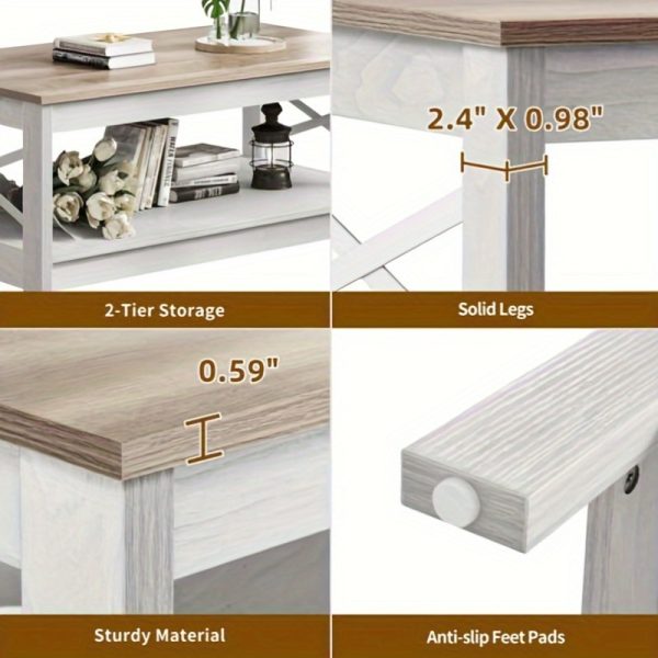 YINTATECH 2- Tier Wood Coffee Table with Open Storage, Farmhouse Accent Cocktail Center Table for Home Office, Brown and White - Image 8