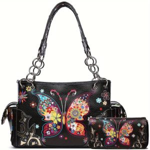 Western Style Spring Purse Handbag Women's Shoulder Bag, Concealed Carry Butterfly Flower Wallet Set