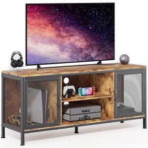 65 Inch Wide Wooden TV Stand - Modern Entertainment Center with 3-Tier Storage, Doors, and Shelf for Living Room, Game Room, or Home Office - Sturdy and Spacious Gaming Console Table