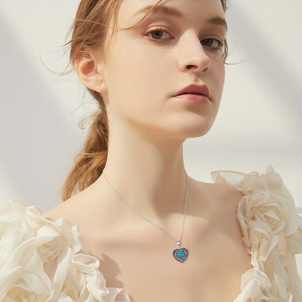 Vintage Sunflower Heart Shaped Locket Necklace S925 Sterling Silver With Synthetic Turquoise Jewelry For Women Girls Halloween Christmas - Image 6