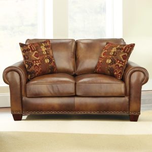 Classic Hardwood Frame Loveseat Sofa, Premium Rustic Leather Upholstery, Comfortable Living Room Furniture, with Nail-Head Trim, for No Electricity Required
