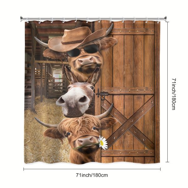 1PC/4PCS - Fun Highland Cow Shower Curtain Set, Waterproof Shower Curtain With 12 Plastic Hooks, Non-slip Floor Mat, Toilet U-Shaped Mat, Cover Mat, Farmhouse Barn Door Western Bull Donkey Brown Wood Board Animal Country Bathroom Decor Accessories - Image 7
