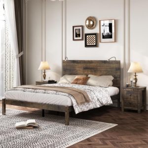 Bedroom set, full/queen size farmhouse platform bed with two 2 drawer nightstands. Wood colored vintage style.