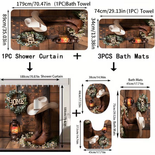 Rustic Cowboy Shower Curtain Set, 1/2/4/6pcs, Waterproof Polyester Bathroom Decor with Non-Slip Bath Mats, Ultra-Soft Towels, Toilet Lid Cover, and 12 Hooks, Fashionable Western Theme, Easy Care - Image 3