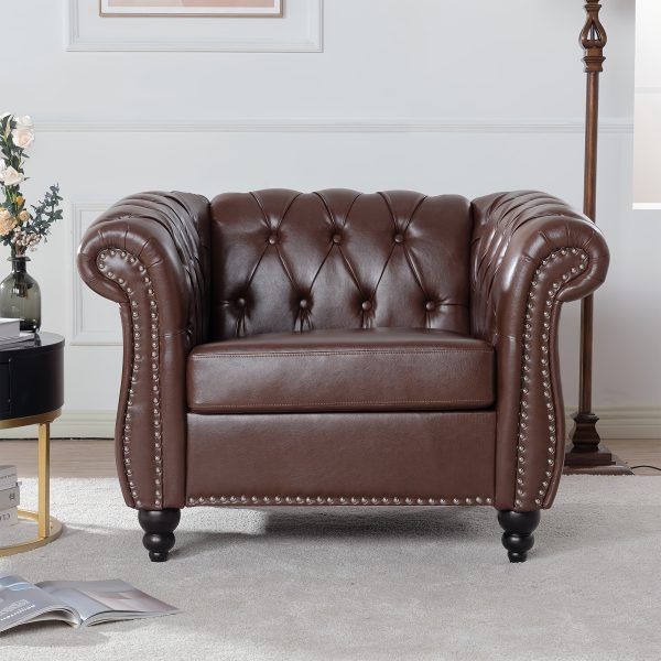Wide Seat Wide Rolled Arm Sofa with Nailhead Trim And Wooden Legs, Retro Style Upholstered Single Sofa for Living Room, Bedroom, Dark Brown PU - Image 2