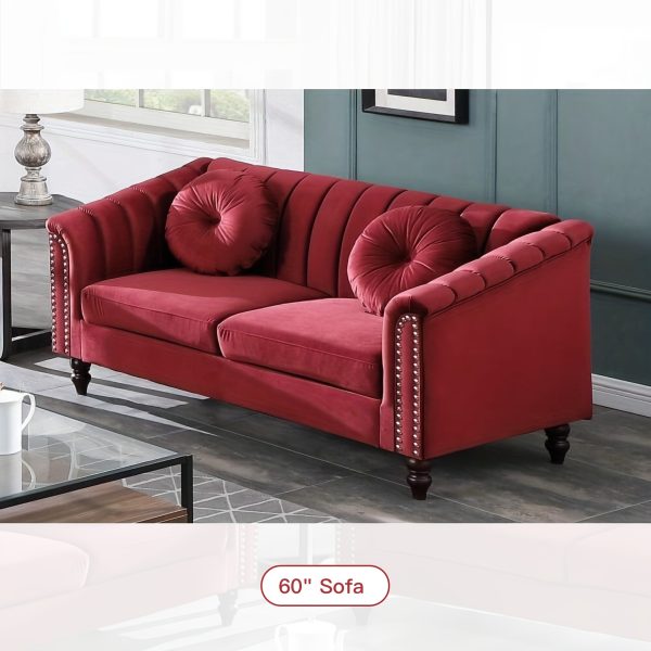 [The Yard]Chesterfield Sofa Set, Luxurious Flannel Upholstered Couch Set With Rolled Arms And Rivet Trim, 3-Piece Living Room Furniture Set Including Sofa, Loveseat, And Armchair, Button Tufted Cushions, Modern Classic Style Sofa For Home Or Office - Image 22