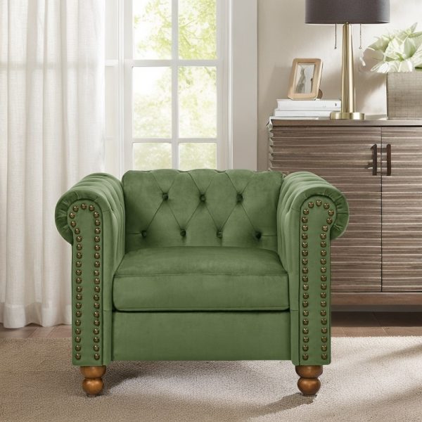 Classic Green Velvet Chesterfield Sofa with Scroll Arms, Nailhead Trim & Solid Wood Legs - Comfortable Button Tufted Settee for Living Room, Bedroom, Office, or Apartment - Image 7