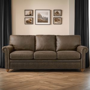 Plush Pocket Caramel Faux Leather 3-Seater Farmhouse Sofa - Rolled Armrest with Nailhead Trim, 84-Inch Wooden Gourd Feet, Spacious 36"D x 84"W x 34"H Dimensions - Perfect for Living Room and Home Office