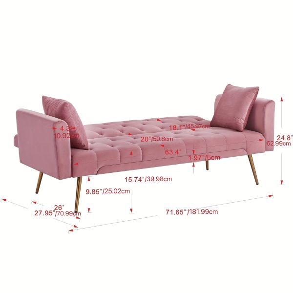Elegant 71.65'' Foldable Velvet Sofa Bed with Metal Leg Straps, 2 Square Pillows, Line Design, Space-Saving, 5 Colors to Choose from, 1pc - Image 4