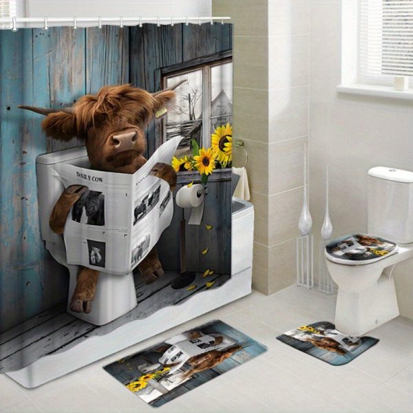 [6pcs Highland Cow Bathroom Decor Set] 1pc/2pcs/4pcs/6pcs Highland Cow Bathroom Decor Set, Woven Polyester, Water-Resistant, Non-Bleach, Fashion Theme, with Quick-Absorbent Towels, Bath Mat, Toilet Cover, Bathroom Accessories with Hooks for Bathroom Decor - Image 10
