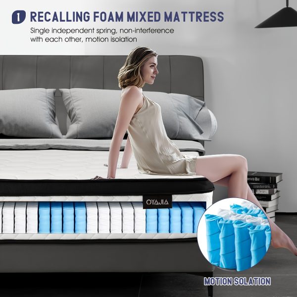 1pc Oyajia 12 Inch King Size Hybrid Mattress - Medium Firm, Memory Foam & Pocket Springs, Motion Isolation, Edge Support, Pressure Relief, Knitted Polyester Cover, No Wood Materials - Image 3