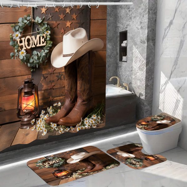 Rustic Cowboy Shower Curtain Set, 1/2/4/6pcs, Waterproof Polyester Bathroom Decor with Non-Slip Bath Mats, Ultra-Soft Towels, Toilet Lid Cover, and 12 Hooks, Fashionable Western Theme, Easy Care - Image 14