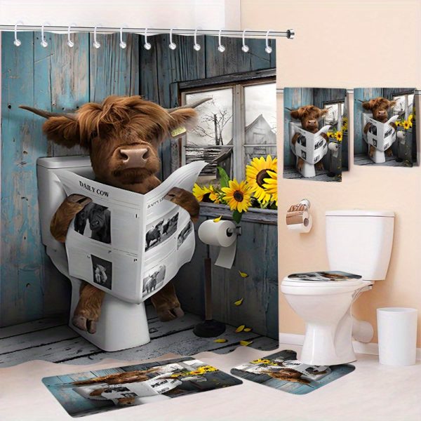 [6pcs Highland Cow Bathroom Decor Set] 1pc/2pcs/4pcs/6pcs Highland Cow Bathroom Decor Set, Woven Polyester, Water-Resistant, Non-Bleach, Fashion Theme, with Quick-Absorbent Towels, Bath Mat, Toilet Cover, Bathroom Accessories with Hooks for Bathroom Decor - Image 2