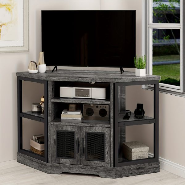 Xelsyo Farmhouse Corner TV Stand For TVs Up To 55 Inch With Power Outlet, Wood Entertainment Center, TV Media Console With Storage, Walnut - Image 7