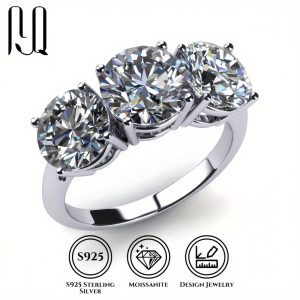 925 Sterling Silver 4 Carat Moissanite Three-Stone Engagement Ring, Luxury Accessory For Women Daily Wear, Proposal, Birthday, Anniversary Gift, Elegant & Bling Style