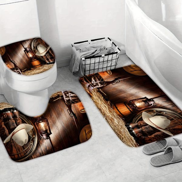 Western Cowboy Themed Bathroom Set with Water-Resistant Polyester Bath Drapes, Machine Washable, Includes Grommets, Knit Weave, Suitable for All Seasons - Arts-inspired Decor with Non-Animal Patterns (4-Piece Set) - Image 4
