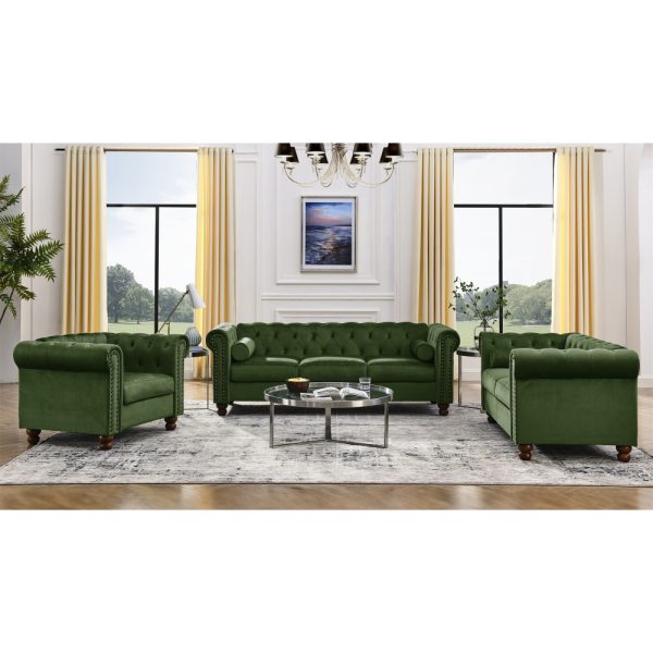 Classic Green Velvet Chesterfield Sofa with Scroll Arms, Nailhead Trim & Solid Wood Legs - Comfortable Button Tufted Settee for Living Room, Bedroom, Office, or Apartment - Image 10