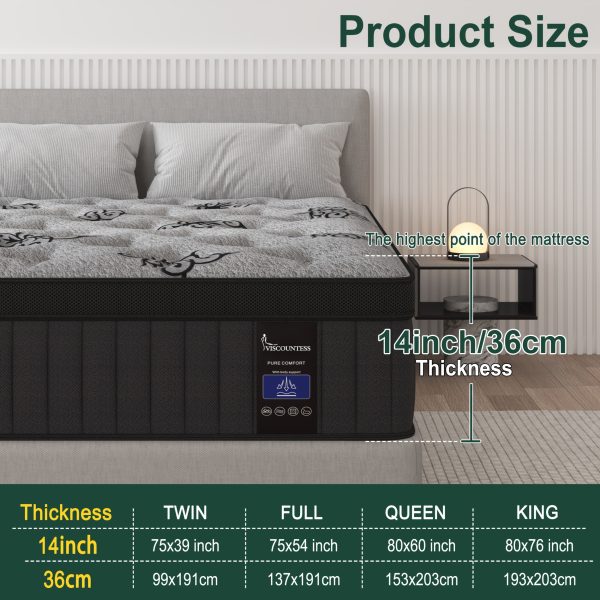 Viscountess Luxury 14-Inch Gel Memory Foam Hybrid Mattress - Ultimate Sleeping Experience with Pocket Spring Support, Medium Firm Comfort, and Convenient Mattress-In-A-Box Design for Twin, Full, Queen, and King Sizes - Image 3