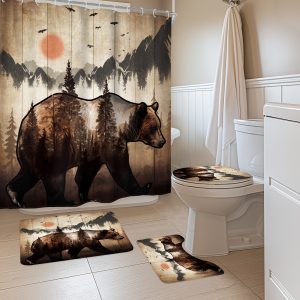1/4 Piece - Rustic Bear Cabin Shower Curtain Set, Vintage Cabin Mountain Country Animal Western Farmhouse Hunting Wildlife Waterproof Shower Curtain With 12 Hooks, Non-slip Bathroom Floor Mat, Toilet U-shaped Mat, Cover Mat, Shower Decor Accessories