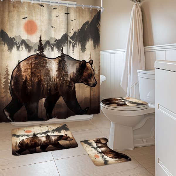 1/4 Piece - Rustic Bear Cabin Shower Curtain Set, Vintage Cabin Mountain Country Animal Western Farmhouse Hunting Wildlife Waterproof Shower Curtain With 12 Hooks, Non-slip Bathroom Floor Mat, Toilet U-shaped Mat, Cover Mat, Shower Decor Accessories