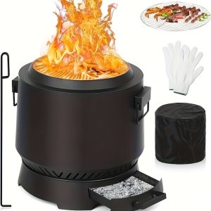 20 Inch Smokeless Fire Pit, Outdoor Fireplace With Grill - Ideal For Beach Bonfires, Picnics, Backyard Cooking, And Camping - Heavy Duty Steel Construction With Adjustable Airflow
