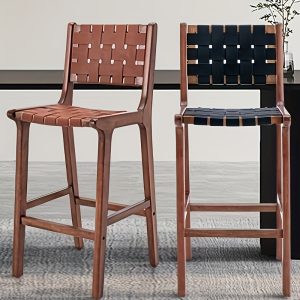 2pcs INZOY Modern Farmhouse Bar Stools, 29 Inch High Woven Leather Seat, Sturdy Wood Frame with Footrest, Uncharged, No Battery, Comfortable Seating for Kitchen Island, Home, Pub, Patio