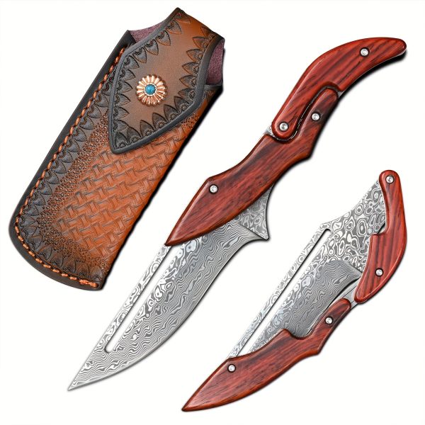 Damascus Steel Pocket Knife - High-Carbon VG10 Blade, Yellow Sandalwood Handle, Mechanical Lock, Outdoor Camping Survival Multitool with Folding Design, Ergonomic Grip, and Durable Construction for Everyday Carry - Image 6