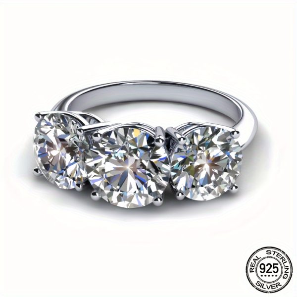 925 Sterling Silver 4 Carat Moissanite Three-Stone Engagement Ring, Luxury Accessory For Women Daily Wear, Proposal, Birthday, Anniversary Gift, Elegant & Bling Style - Image 3