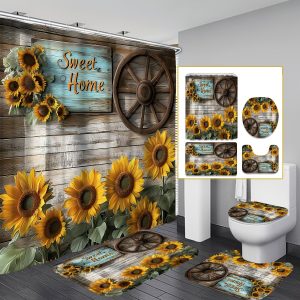 1/4pcs Country Sunflower Pattern Shower Curtain Set, Farmhouse Wagon Wheel And Sunflower with Wood Wall Background Brown Shower Curtain for Christmas Bathroom Shower Decoration with 12 Hooks Non-Slip Bath Mat U Shape Toilet Seat Cover Mat