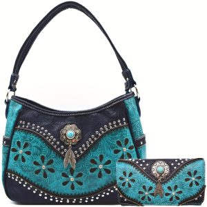 Floral Laser Cut Trifold Wallet Set: Tooled Feather Purse Studs for Country Western Handbag Women Shoulder Bag