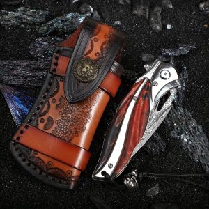 1PC Premium Damascus Steel Folding Pocket Knife - High Hardness, Stabilized Wood Handle, Leather Sheath, EDC Multi-Tool for Outdoor Camping, Fishing, Traveling, Mountaineering, Hiking, and Everyday Carry
