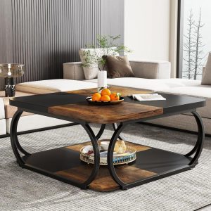 Square Coffee Table with 2 Tiers40 inches Low Farmhouse Coffee Table with Wood Storage Shelf Heavy Duty Metal Curved Frame for Modern Living Room Black Rustic Brown