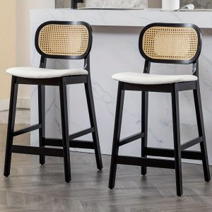 2pcs French Counter Height Bar Stool, Farmhouse Dining Chairs With Rattan Backrest, Medieval Modern Wooden Bar Chair, Comfortable Cushioned Kitchen Island Chair, Suitable For Bars/breakfast Bars