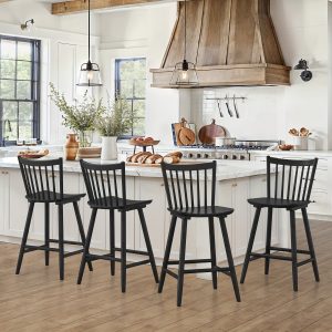 26 Inch Upgrade Windsor Bar Stools Set Of 2, Farmhouse Wood Counter Height Bar Stools Chairs with Spindle Back, Modern French Classic Barstools for Kitchen Island